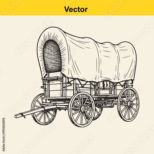 A detailed black and white line art illustration of a vintage pioneer wagon for western travel