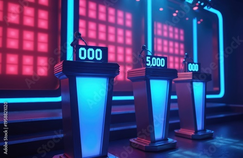 Game show set with empty podiums and glowing neon lights. Futuristic stage with score displays and microphones. Competition arena ready for contestants.