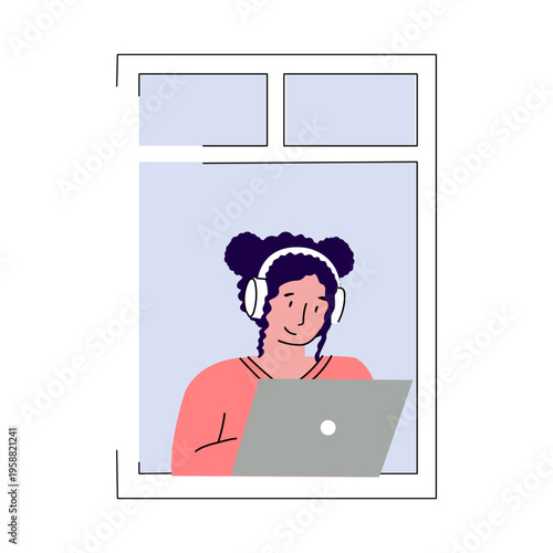 An illustration of a woman in white headphones working on her laptop by the window. Freelancing and remote work concept