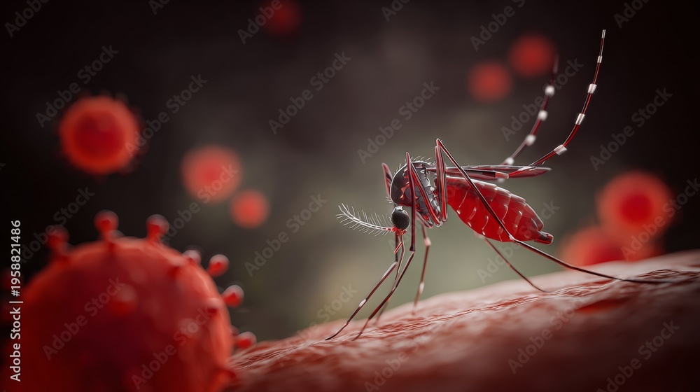 Obraz premium Insecticide-resistant mosquito amid red blood cells, symbolizing a disease transmission risk.