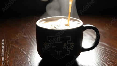 Pouring Hot Coffee into a Mug with Steam Rising.