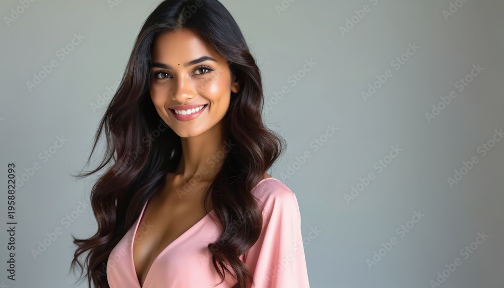 Naklejka premium Indian woman smiles in pink dress. She has long wavy dark hair and fair skin. Her pose is confident, with a natural radiant beauty. She looks happy and youthful.