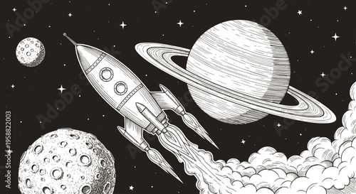 Space rocket launch from alien spaceport, science fiction poster. Vector illustration stylized as a pencil drawing. SVG version.