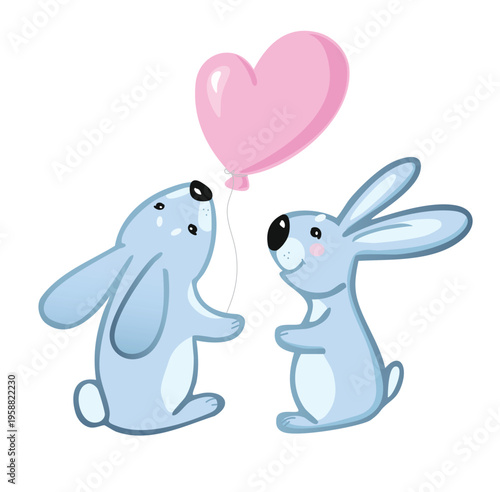 Cute cartoon bunnies with a pink heart balloon in a sweet playful illustration style