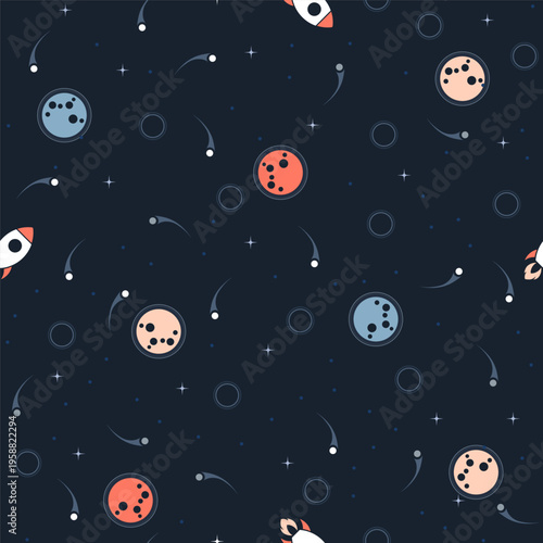Fun space-themed pattern featuring rockets, planets, and stars in a dark background.