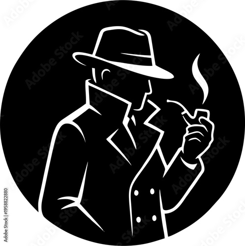 Circular Black Silhouette of Detective Smoking Pipe in Trench Coat and Fedora Hat