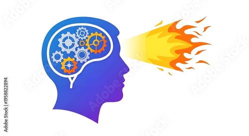 Brainstorming Concept with Human Head Silhouette and Internal Gear Mechanism Flaming with Bright Energy Symbolizing Creative Ideas and Intense Focus