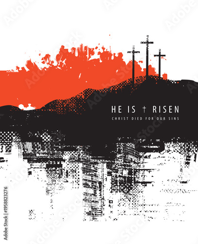 Vector banner or icon on Christian theme with three crosses on the hill Calvary on bloody clouds on scratched background in grunge style