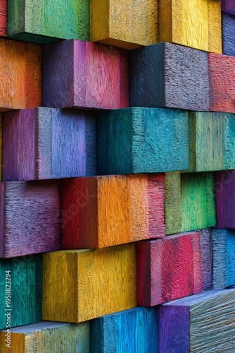 An artistic and bold arrangement of colorful blocks creating a visually engaging wall.