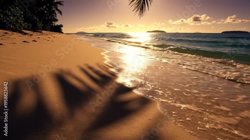 Golden Hour Beach Serenity - Palm Leaf Shadow on Sandy Shoreline.