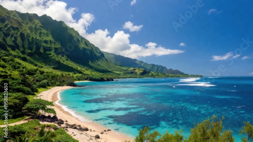 Aerial view of a curved turquoise bay with lush green ridges for coastal wallpaper and travel banner background