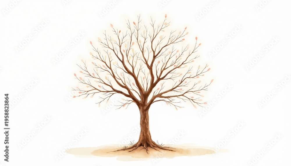Obraz premium Watercolor painting of a bare ash tree with delicate branches and sparse leaves against a white backdrop. The artwork symbolizes change, nature, and new beginnings in spring or autumn.