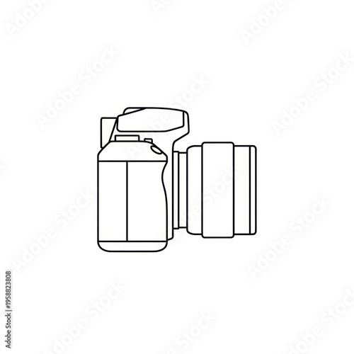 Minimalist line drawing of a DSLR camera with detachable lens.
