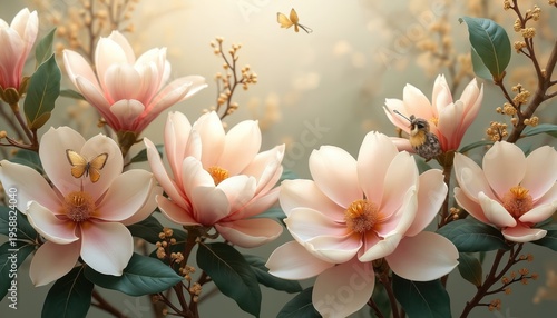 Delicate pink magnolia blossoms with golden butterfly and tiny owl perch on branch. Soft pastel petals open to reveal yellow stamens. Gentle nature scene suggests spring or summer beauty.