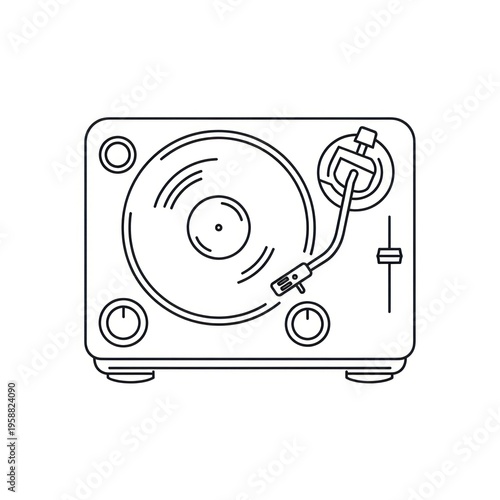 Minimal line art illustration of a vintage vinyl record player with tonearm.