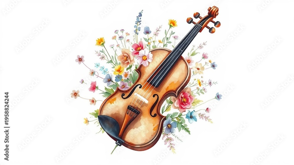 Fototapeta premium Watercolor illustration of a violin surrounded by blooming flowers, artistic composition combining music and nature in a soft romantic style.