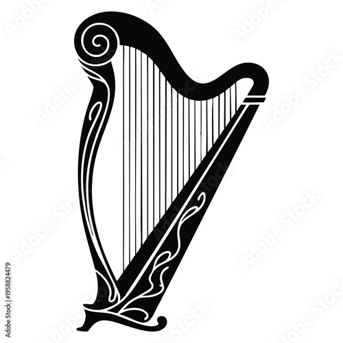 Fotografie Silhouette harp vector icon stock illustration in black and white on white backg