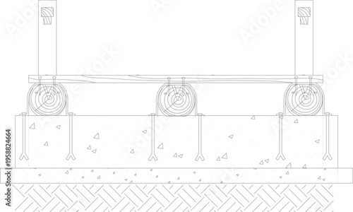 Technical architectural section detail showing vertical structural posts on circular bases anchored with bolts into a concrete foundation beam with brick sub-base.