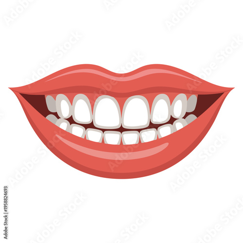 Smiling mouth with healthy teeth isolated on white background, vector illustration for healthy smile, dentistry, dental treatment, whitening and orthodontics