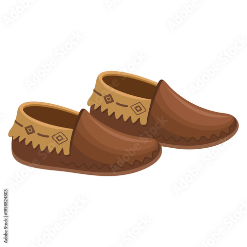 Traditional footwear brown leather moccasins Native American Indian moccasins vector illustration for cultural fashion and heritage inspired design