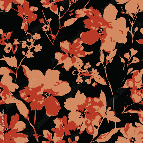 A beautiful floral pattern featuring red and orange flowers on a black background silhouette