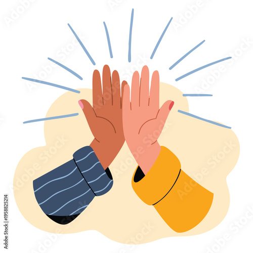 Two hands clapping in high five gesture, multicultural people putting hands together vector illustration representing teamwork