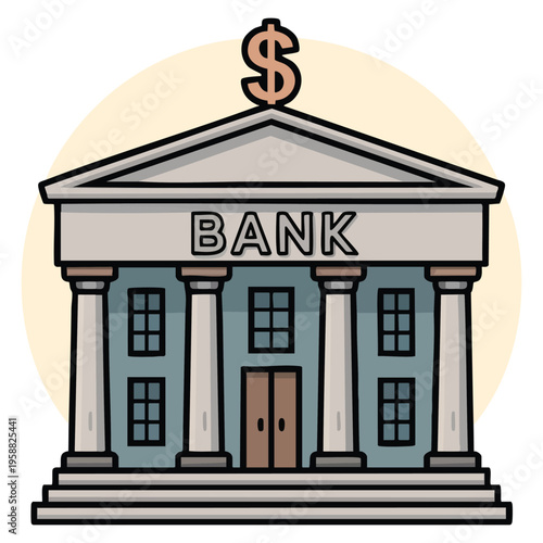 Vector flat illustration of bank building on white background with bank financing, money exchange, financial services and ATM giving out money