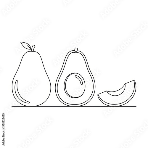 Minimalist line drawing of avocado and pear with slices.
