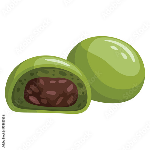 Vector icon of japanese dessert mochi with matcha flavor isolated on white background, traditional sweet treat illustration