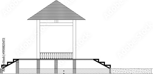 Technical architectural elevation drawing showing pavilion or gazebo with pyramidal roof, columns, raised platform with steps and decorative balustrade.