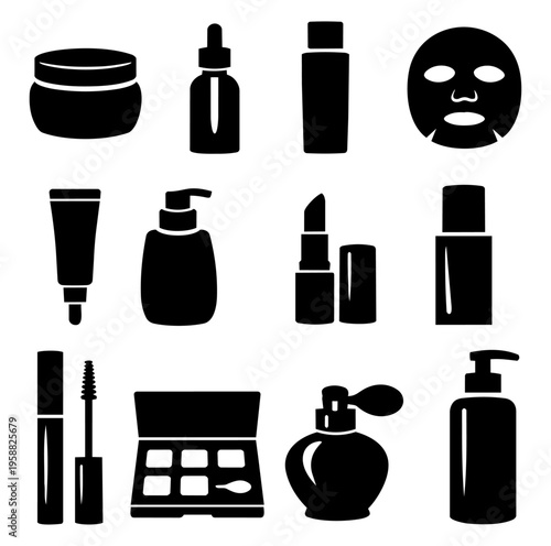 Cosmetic Product Silhouettes Set - Black Skincare and Makeup Packaging Icons