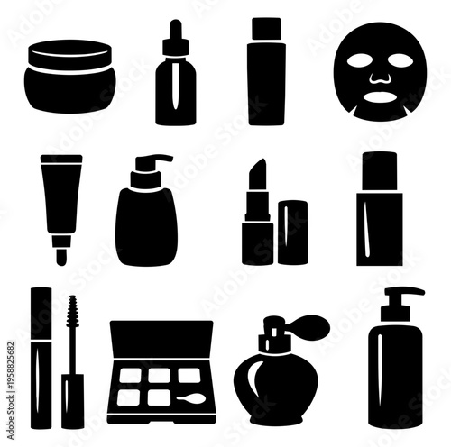 Cosmetic Product Silhouettes Set - Black Skincare and Makeup Packaging Icons