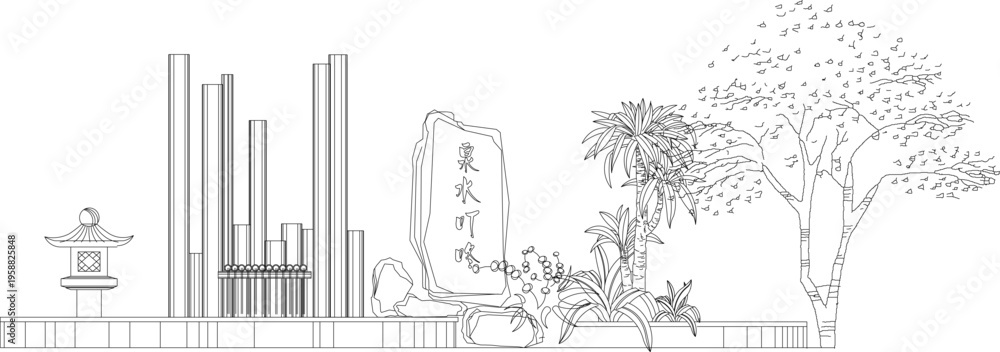 Εκτύπωση καμβά Technical landscape elevation drawing showing Japanese garden design with stone lantern, bamboo columns, monument stele with calligraphy, trees and plants