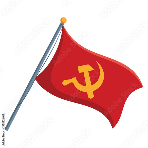 Vector illustration communist flag icon with pole hammer and sickle isolated symbol for history politics ideology and revolution themed artwork