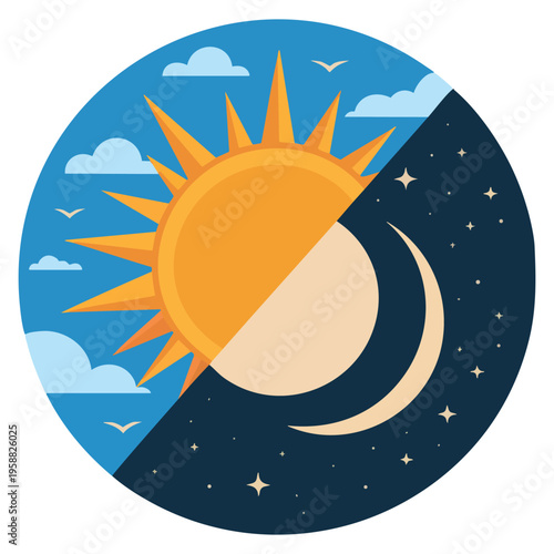 Vector illustration day and night design over gray background suitable for time concept sun moon balance contrast and lifestyle themes