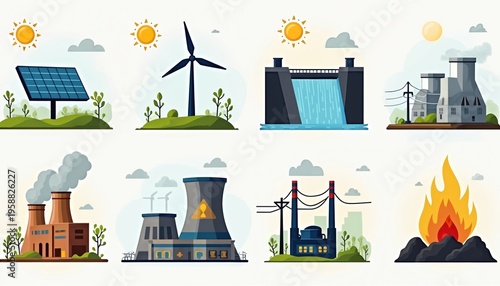 Diverse energy sources shown in icons solar panels, wind turbine, dam, power plant, factory. Also includes fossil fuels like coal on fire. Renewable and non-renewable power generation.