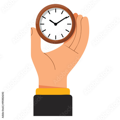 Vector illustration hand hold old clock flat icon time is money theme suitable for business efficiency productivity deadline and finance concept