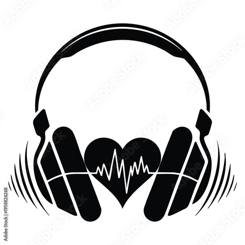 Vector illustration heart beat with headphones silhouette style icon design representing music sound melody song musical art composition theme