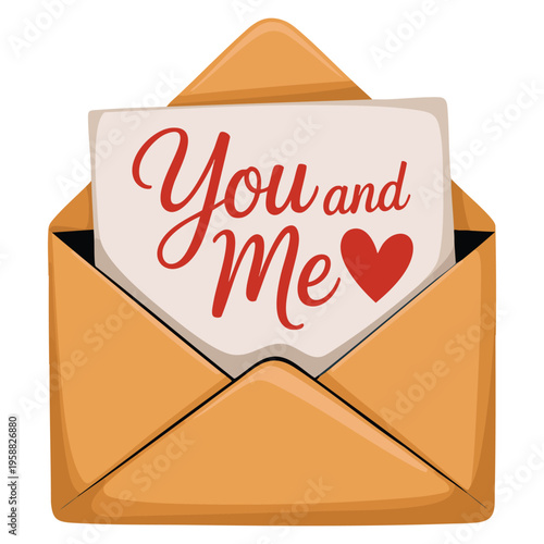 Vector illustration of envelope with letter You and me and heart in flat style love note emerging from open envelope romantic concept