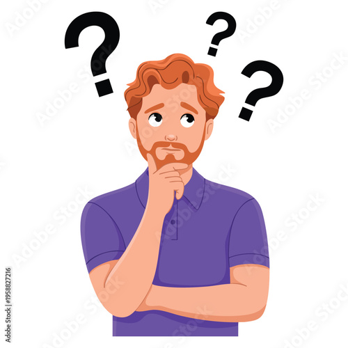 Vector illustration of man looking up with doubt and indecision facial expression representing uncertainty and decision making struggle