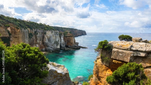 Turquoise coastal cove with sheer sandstone cliffs and green shrubs for tranquil seascape background and travel poster design