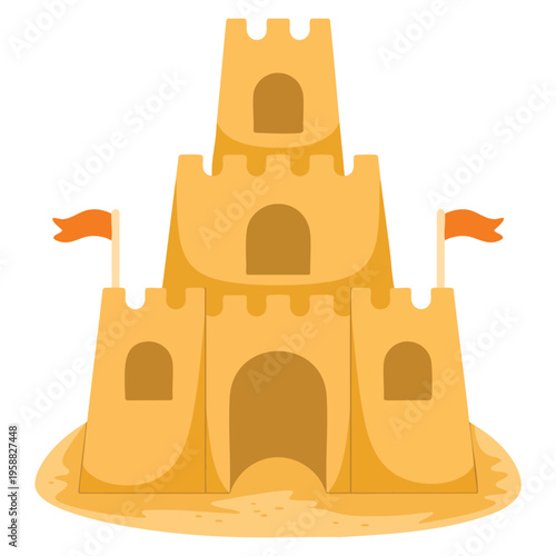 Vector illustration of sand castle with flags ideal for beach summer vacation seaside holiday and coastal themed designs