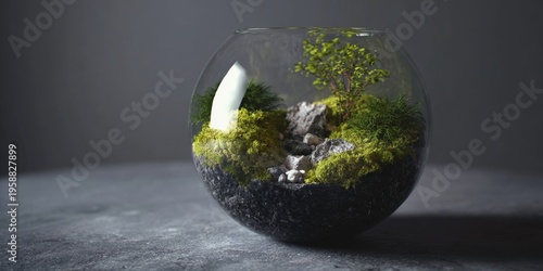 Miniature forest inside round glass bowl. Green moss covers dark gravel base. Small tree grows from rocky terrain. Natural light highlights subtle textures