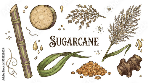 Vintage Sugarcane Botanical Vector Illustration Set with Stalks, Leaves, and Brown Sugar Crystals