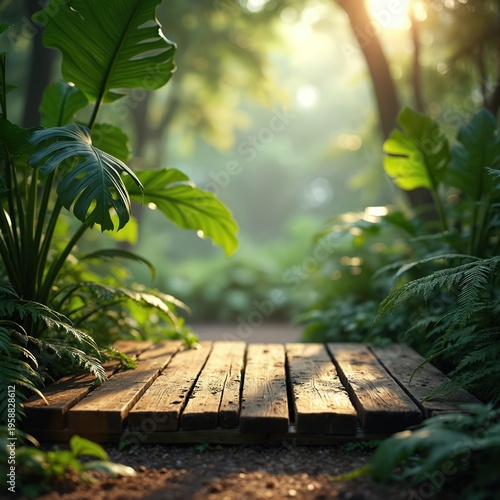 Wooden platform amidst lush green jungle foliage, bathed in soft sunlight. Empty space on rustic wood surface for product display or nature themes. Outdoor organic background.