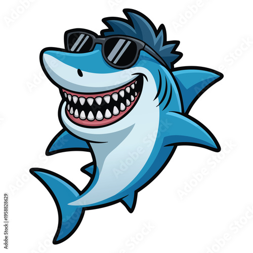 Vector mascot cartoon illustration of a shark wearing sunglasses character design ideal for summer logo beach branding sports team or cool ocean theme