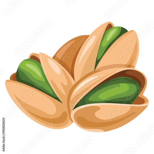 Vector product walnut pistachio icon featuring pistachio nuts in the shell with leaves, flat minimalism illustration of food pistachio design