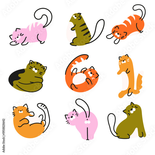 Cute cartoon cats set in flat vector style. Collection of funny colorful kittens in different poses — stretching, sitting, playing and curling. Minimalist hand-drawn illustration with soft pastel and 
