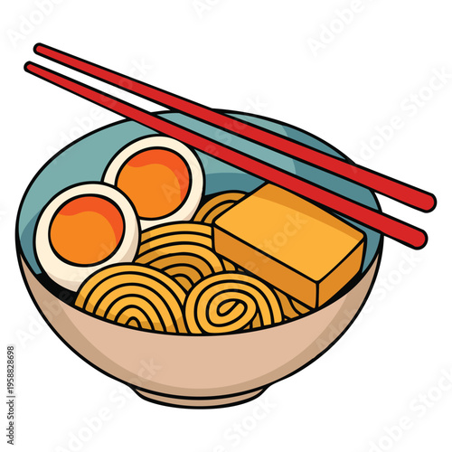 Vibrant colorful bowl of ramen with toppings vector illustration, appetizing food artwork for restaurant and cuisine themed designs