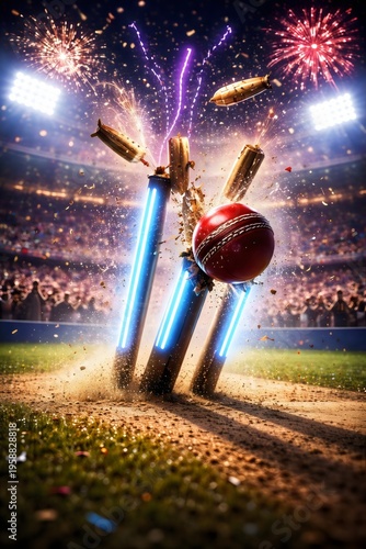 Dynamic cricket ball hitting glowing neon stumps with bails flying, fireworks, and stadium crowd at night